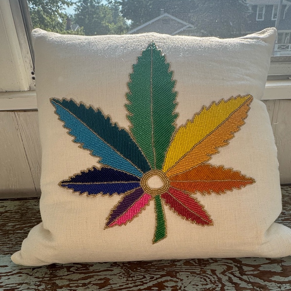 Jonathan Adler Decorative Beaded Pillow ( 20" square ) Rainbow Leaf